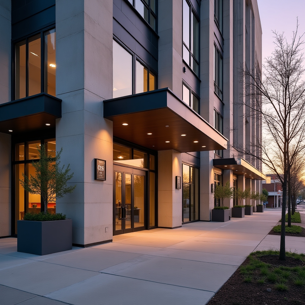 Modern office building entrance in Charlotte, North Carolina, at sunrise