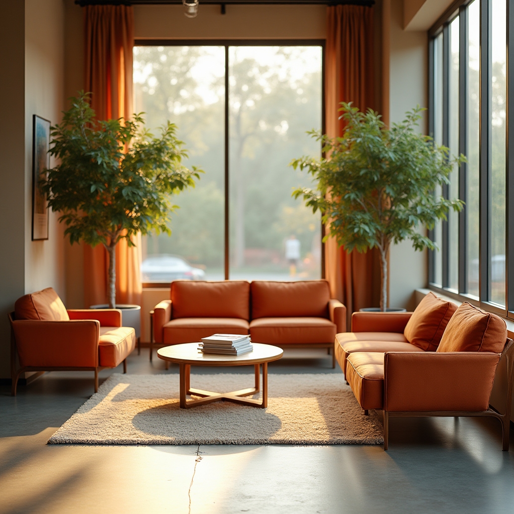 Bright reception and lounge area inside the Charlotte office with plants and seating