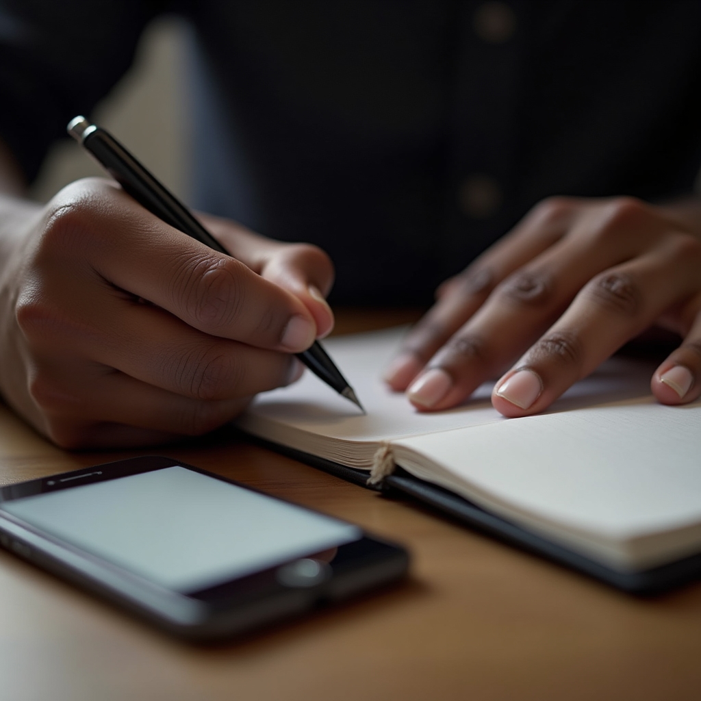 Hands writing captions in a notebook next to a phone showing a blank caption field, representing the social media caption lesson track